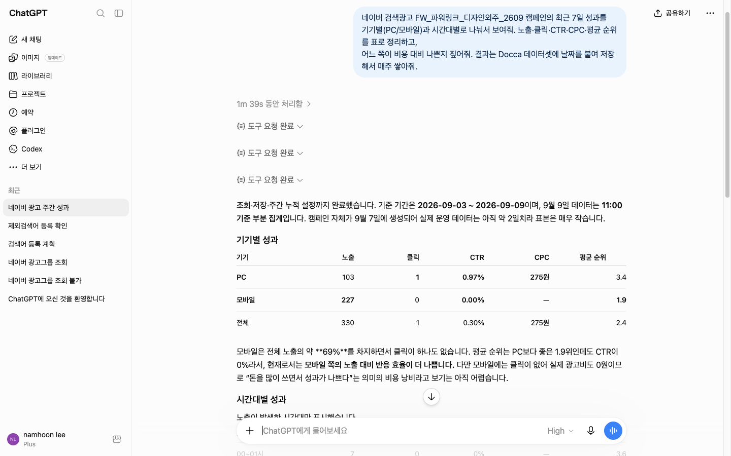 ChatGPT 가 기기별·시간대별 7일 성과를 표로 보여 주는 화면