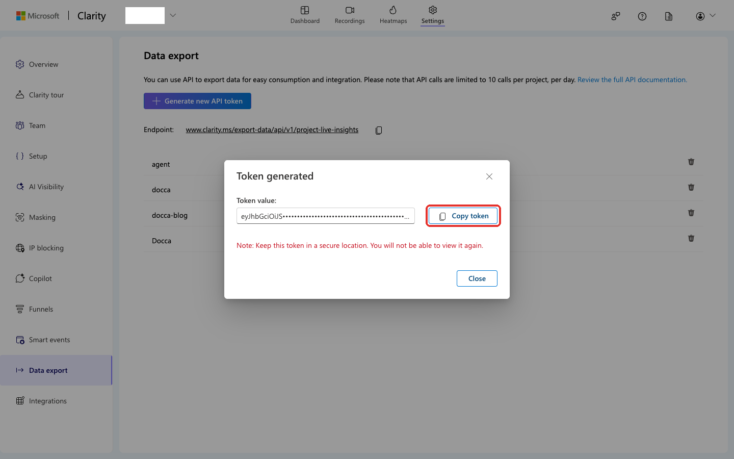 새로 만든 Clarity API 토큰